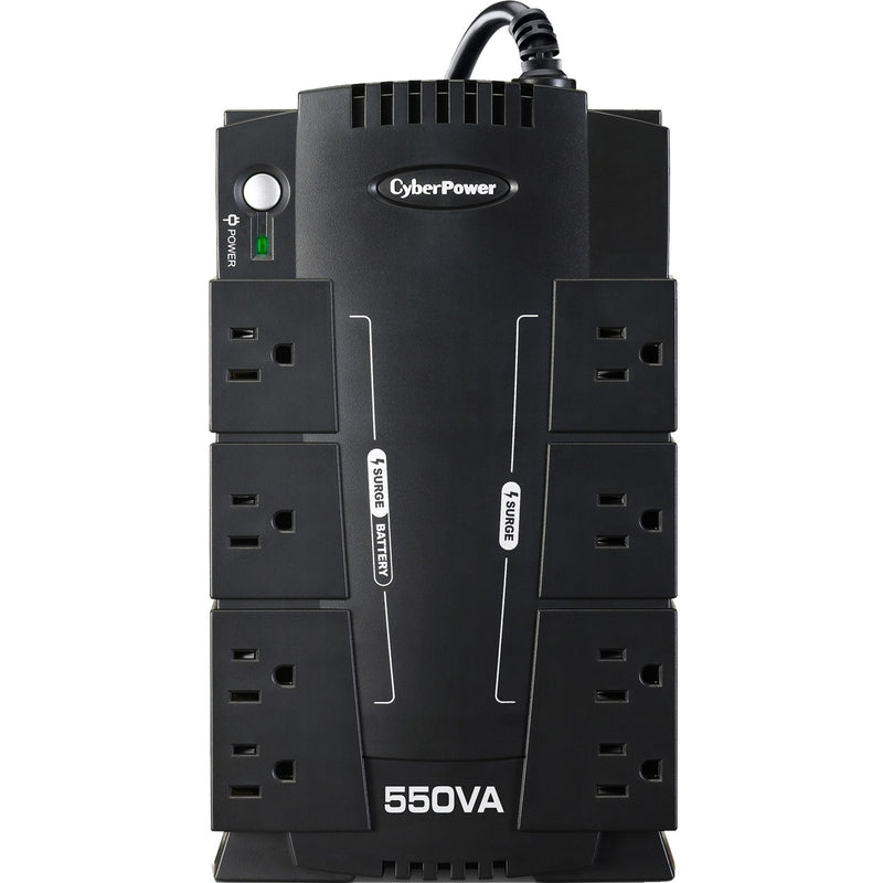 Front view of CyberPower CP550SLG UPS showing 8 power outlets and LED status indicators