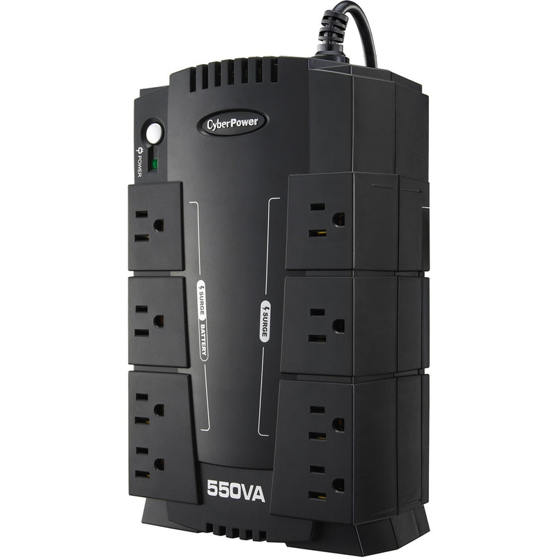 Side view of CyberPower CP550SLG showing dual zones for battery backup and surge protection