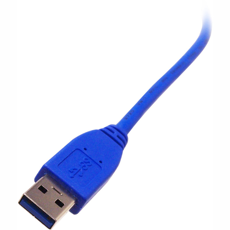 Close-up of blue USB 3.0 Type A connector showing nickel-plated contacts and protective PVC jacket