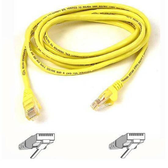 Yellow 3-foot Belkin Cat5e network patch cable with snagless RJ45 connectors and connector diagram