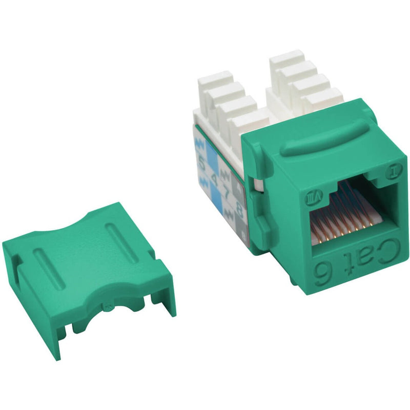 Green Cat6 keystone jack with detachable termination cap showing 110-style punch down terminals