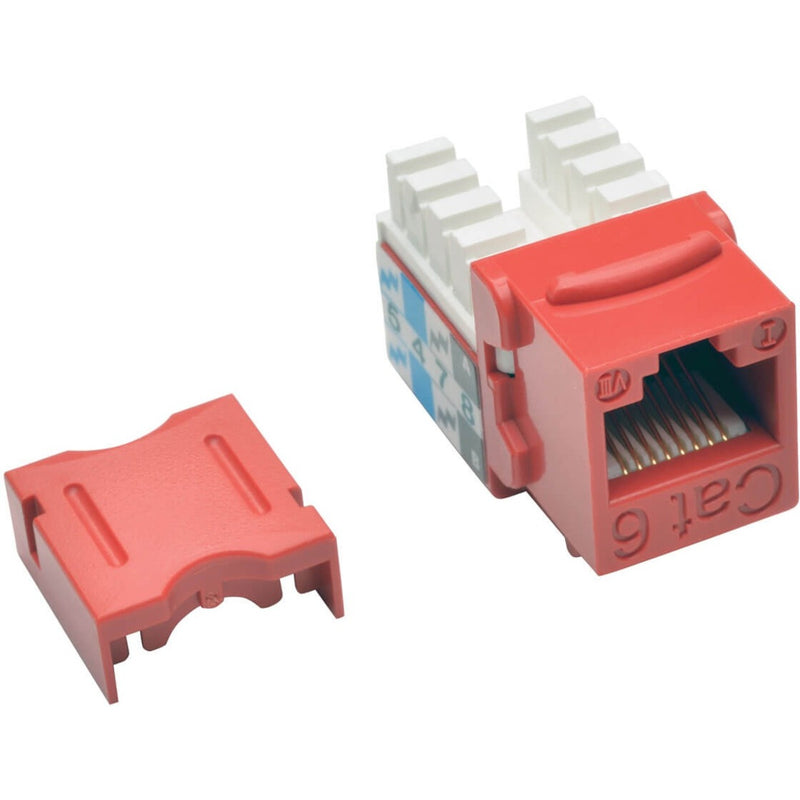 Red Cat6 keystone jack showing 110-style punch down terminals and removable termination cap