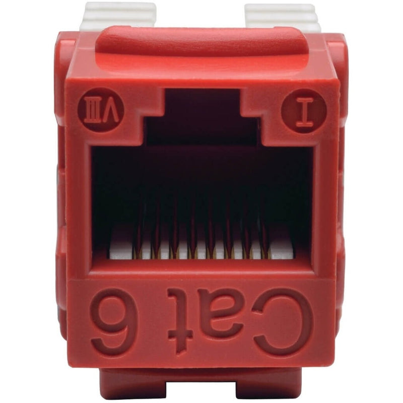 Close-up view of red keystone jack RJ45 port showing contact arrangement