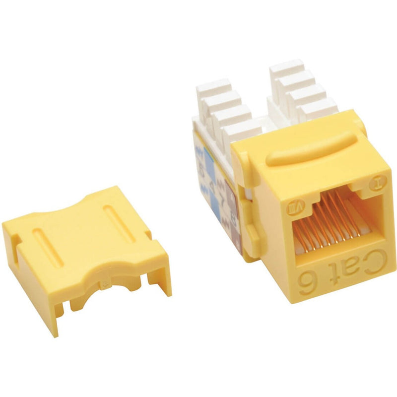 Yellow Cat6 keystone jack with detachable protective cap showing 110-punch down terminals