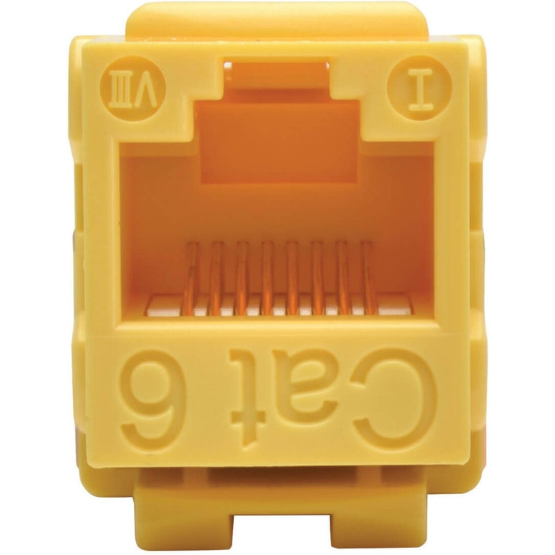 Close-up view of yellow Cat6 keystone jack showing internal contact design and labeling