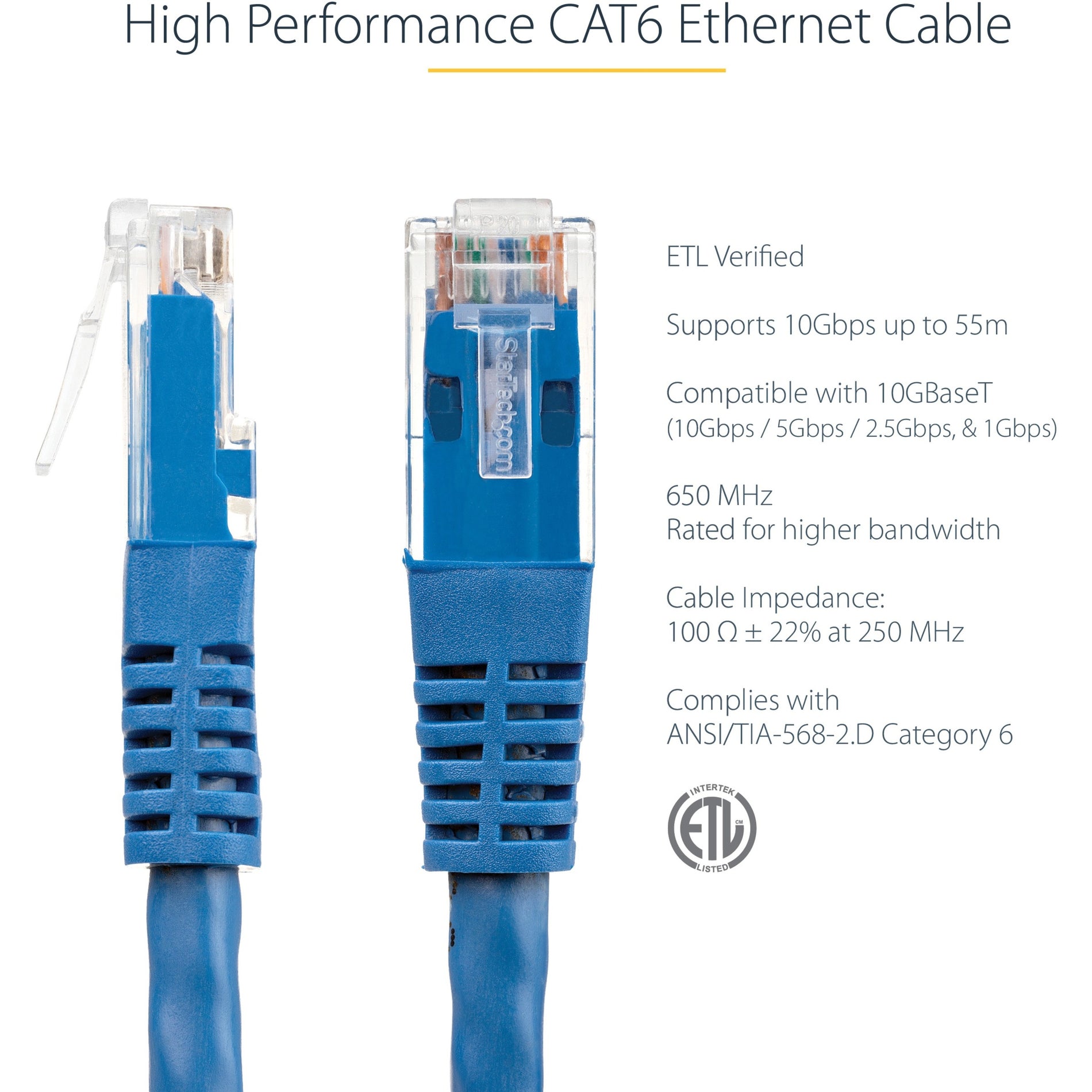StarTech.com C6PATCH6BL 6ft Blue Molded Cat6 UTP Patch Cable ETL Verified, 10 Gbit/s Data Transfer Rate, Snagless Boot