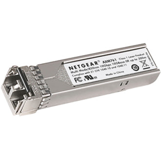 NETGEAR AXM761 10GBASE-SR SFP+ transceiver module with silver metal housing and dual LC fiber optic connector