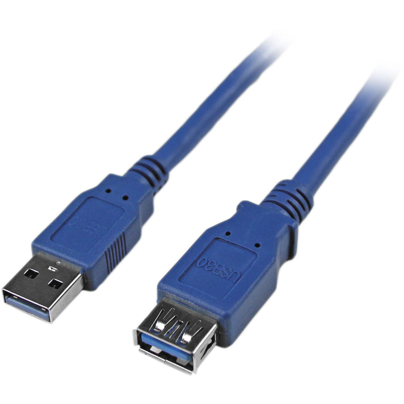 Close-up of blue USB 3.0 Type-A male and female connectors showing premium construction and nickel-plated contacts