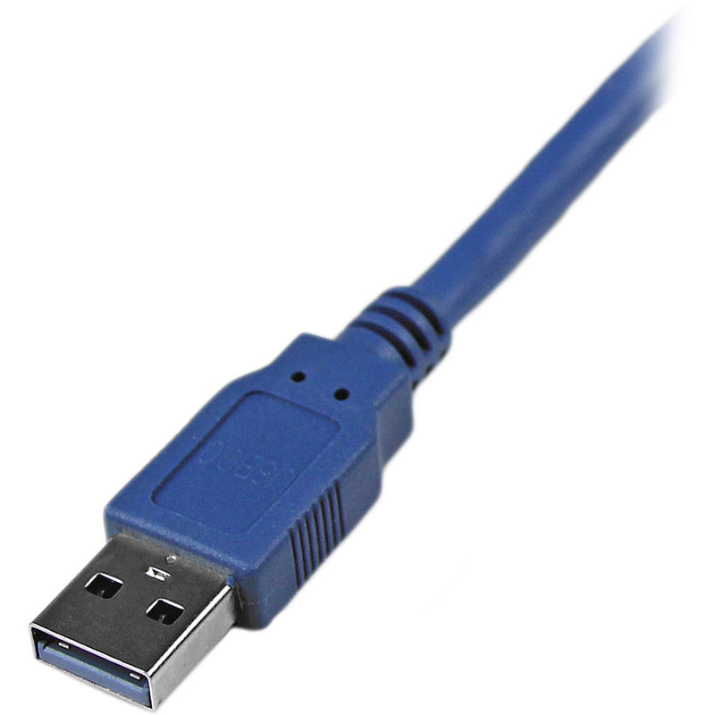 Detailed view of USB 3.0 Type-A male connector showing blue housing and nickel-plated contacts