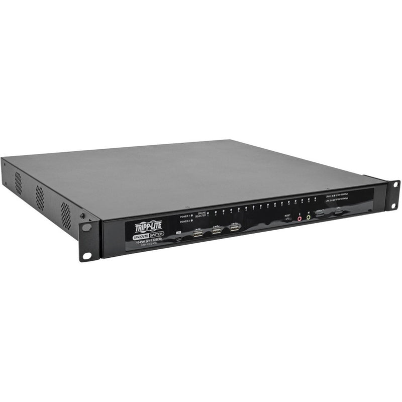 Front angled view of Tripp Lite NetDirector 16-Port KVM Switch showing LED indicators and control interface