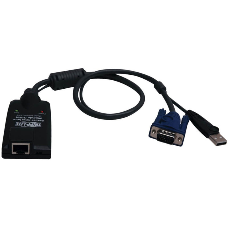 Tripp Lite B055-001-USB-V2 KVM server interface module showing RJ-45, VGA, and USB connections with black housing