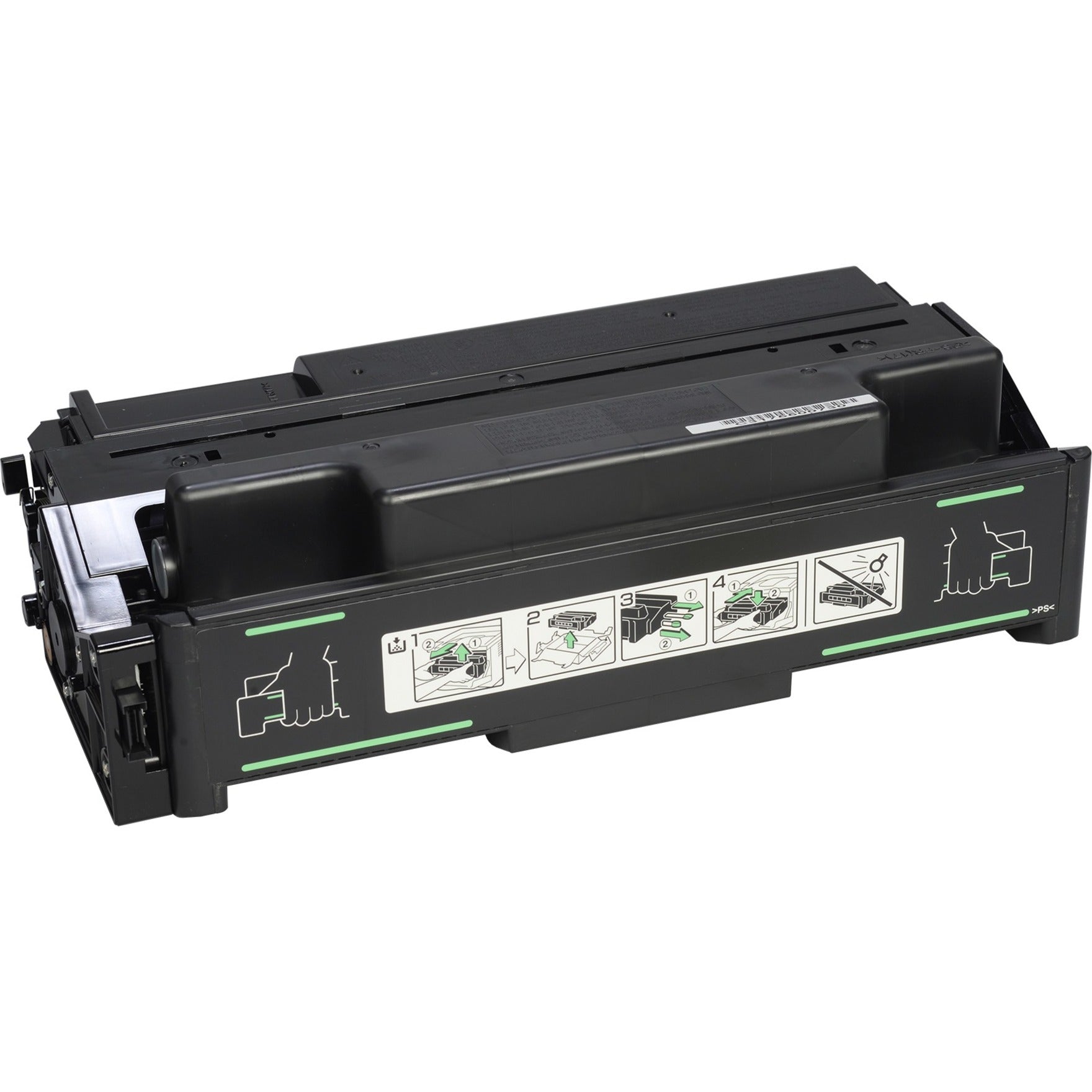 Ricoh 406628 original black toner cartridge with installation instructions and handling guides displayed on the side-alternate-image1