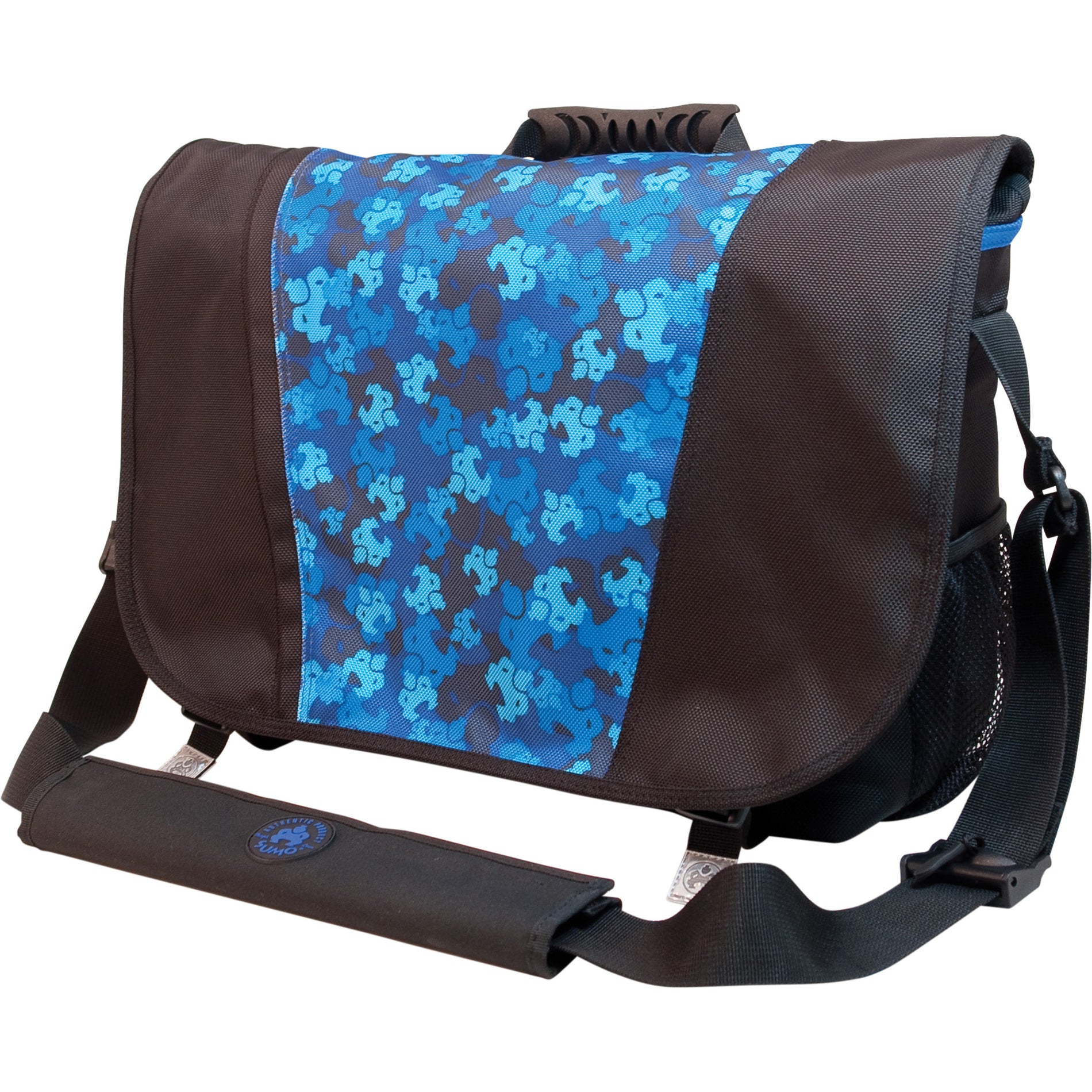 SUMO messenger bag featuring black ballistic nylon with blue floral pattern accent strip, adjustable shoulder strap, and front flap design-alternate-image1