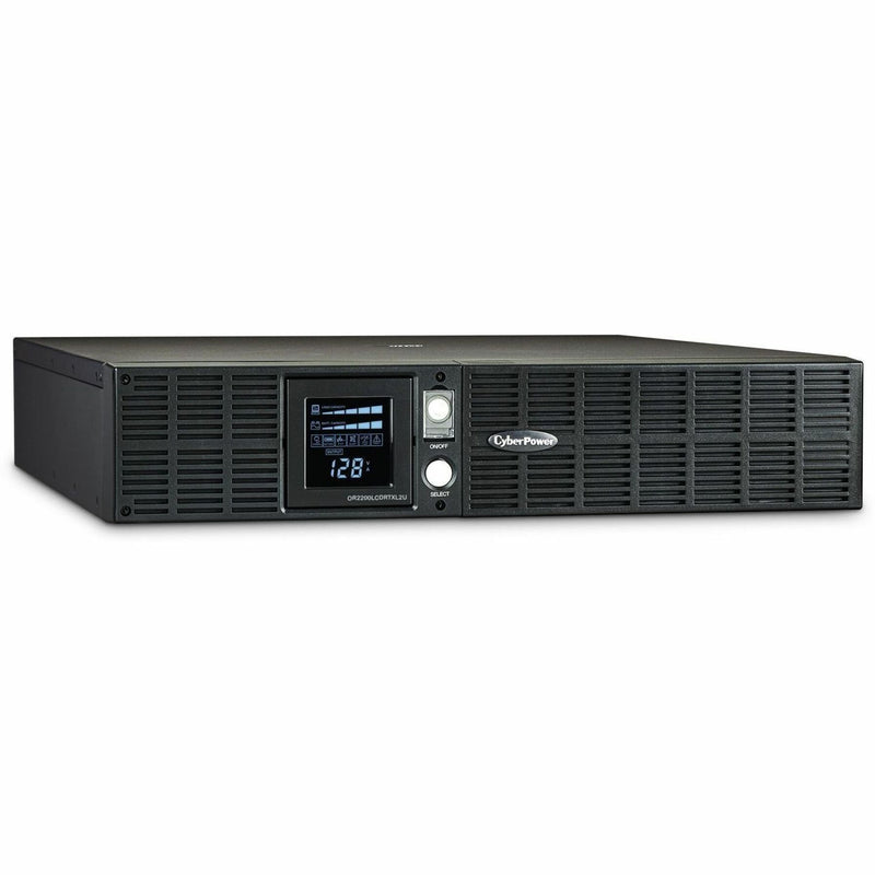 Side angle view of CyberPower OR2200LCDRTXL2U UPS in rack mount configuration showing 2U height profile