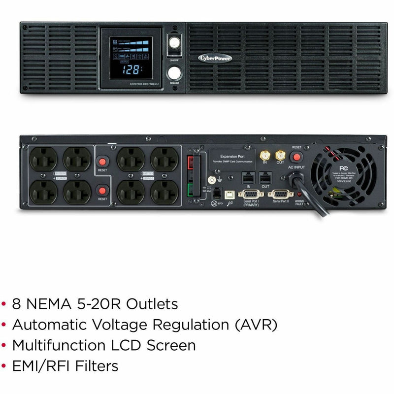 Composite image showing front and rear views of CyberPower OR2200LCDRTXL2U with feature callouts