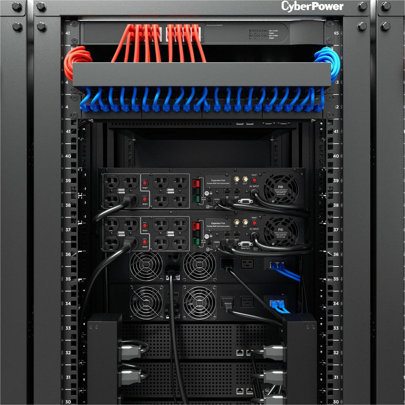 Rack installation view showing CyberPower OR2200LCDRTXL2U integrated with network infrastructure