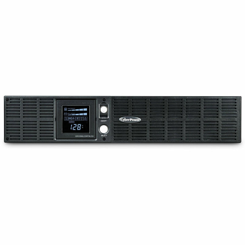 Front view of CyberPower OR2200LCDRTXL2U UPS showing LCD display panel with power monitoring information and control buttons