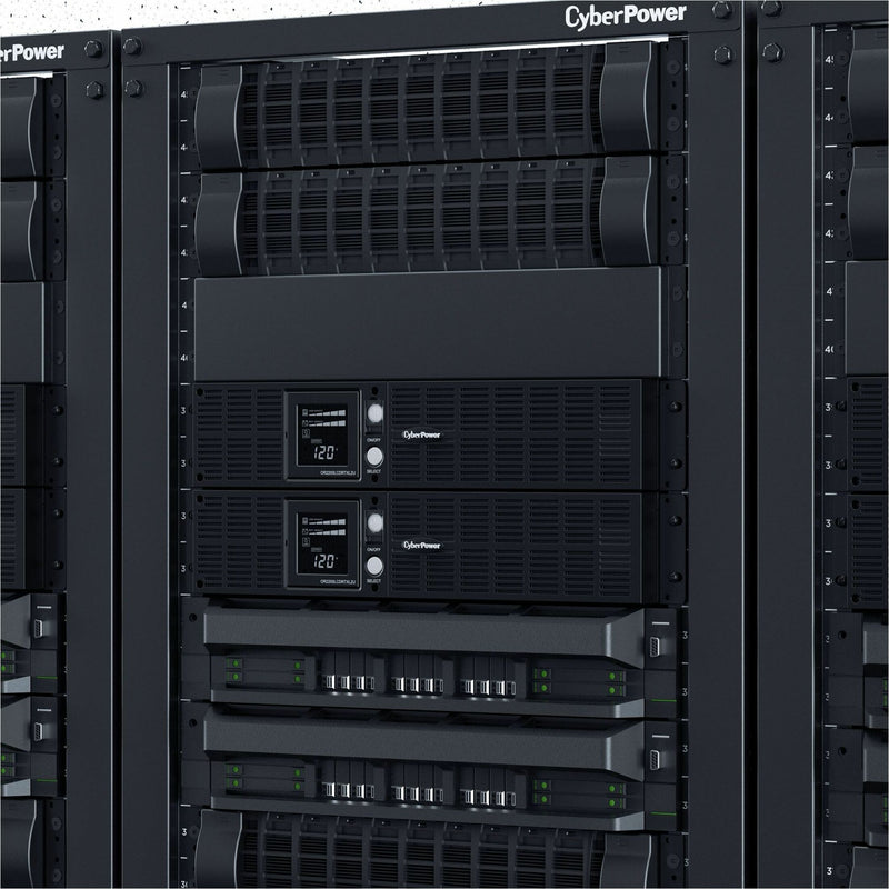 Close-up of rack-mounted CyberPower OR2200LCDRTXL2U units showing system integration details