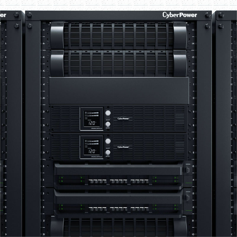 Multiple CyberPower OR2200LCDRTXL2U units installed in rack showing redundant configuration