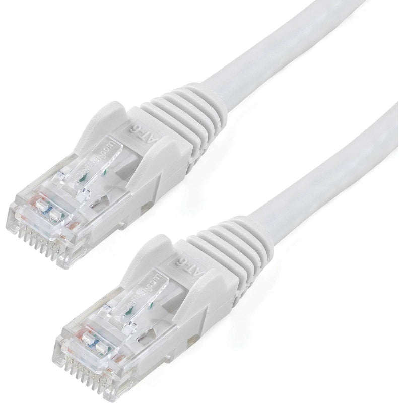 Close-up view of white Cat6 cable ends showing gold-plated RJ45 connectors with clear housing and internal wiring