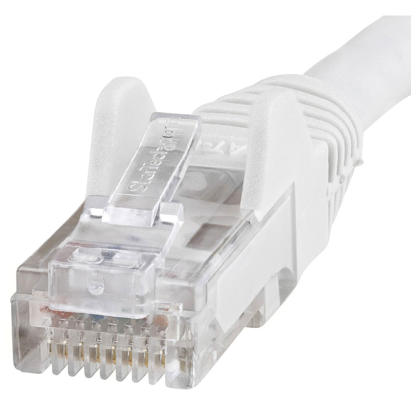 Macro shot of RJ45 connector showing detailed view of gold-plated pins and internal wiring configuration