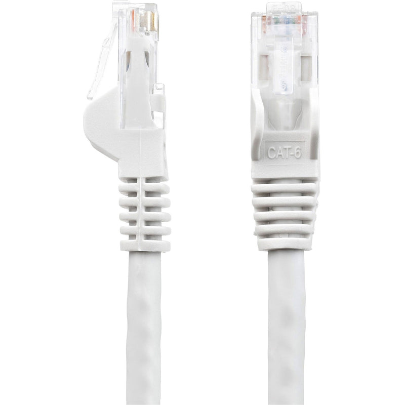 Side view of white Cat6 cable snagless boots showing strain relief design and CAT-6 labeling