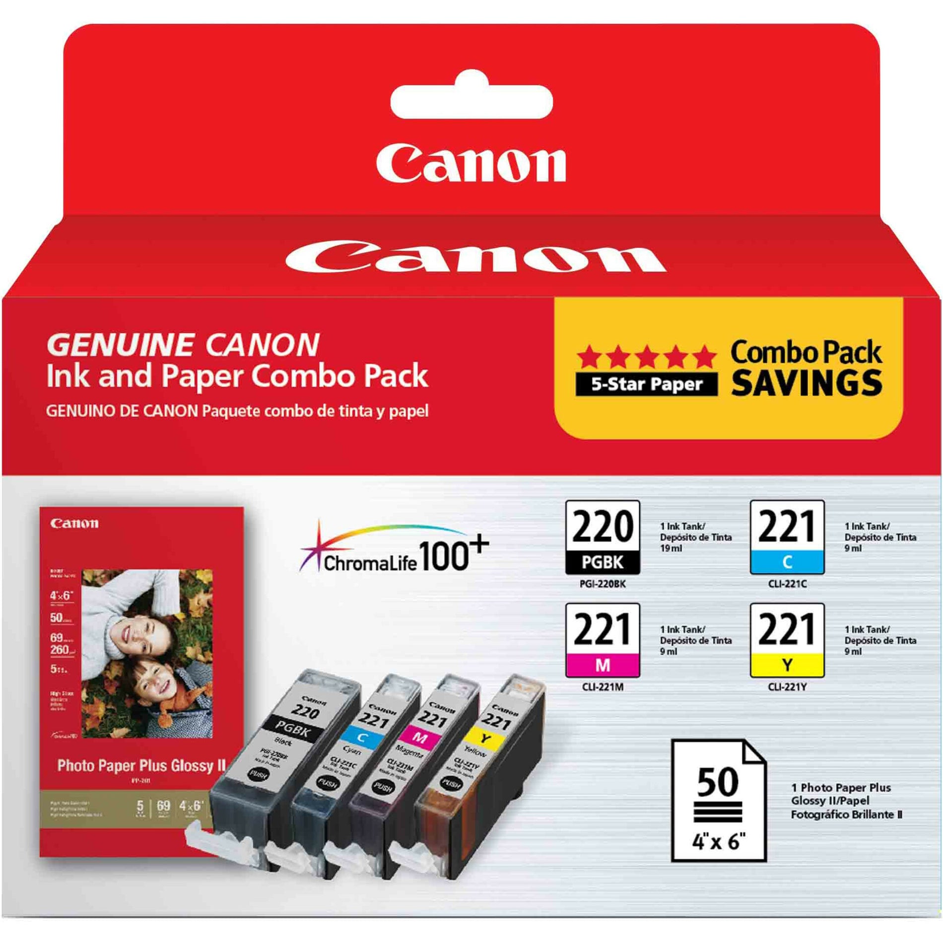 Canon ink cartridge combo pack displaying PGI-220 Black and CLI-221 color cartridges with 50 sheets of 4x6 photo paper-alternate-image1