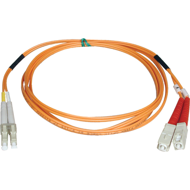 Tripp Lite N516-02M orange fiber optic patch cable with LC connectors on one end and SC connectors on the other end, featuring a 2-meter length