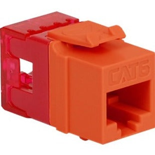 Orange Cat 6 HD modular connector with transparent red base showing RJ-45 port and wire management system