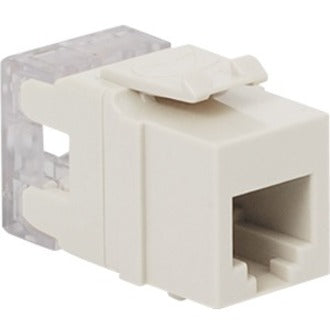 White RJ-11 HD modular keystone jack connector with clear termination cap showing compact design