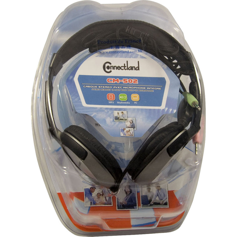 Connectland CL-CM-502 headphones in retail packaging showing multimedia compatibility