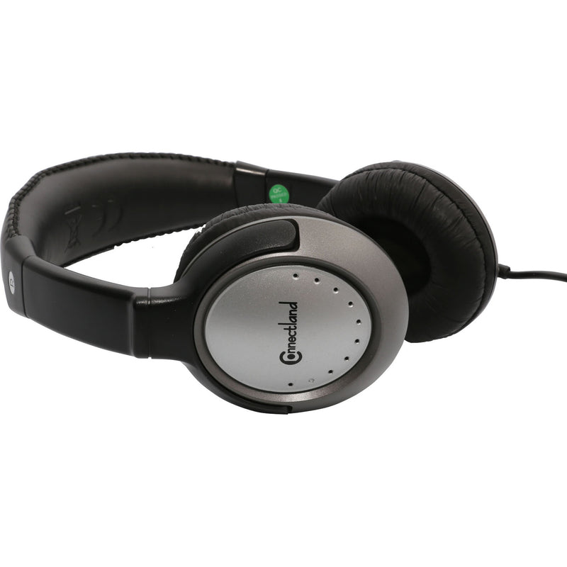 Close-up view of Connectland CL-CM-502 headphones showing volume controls and ear cup design