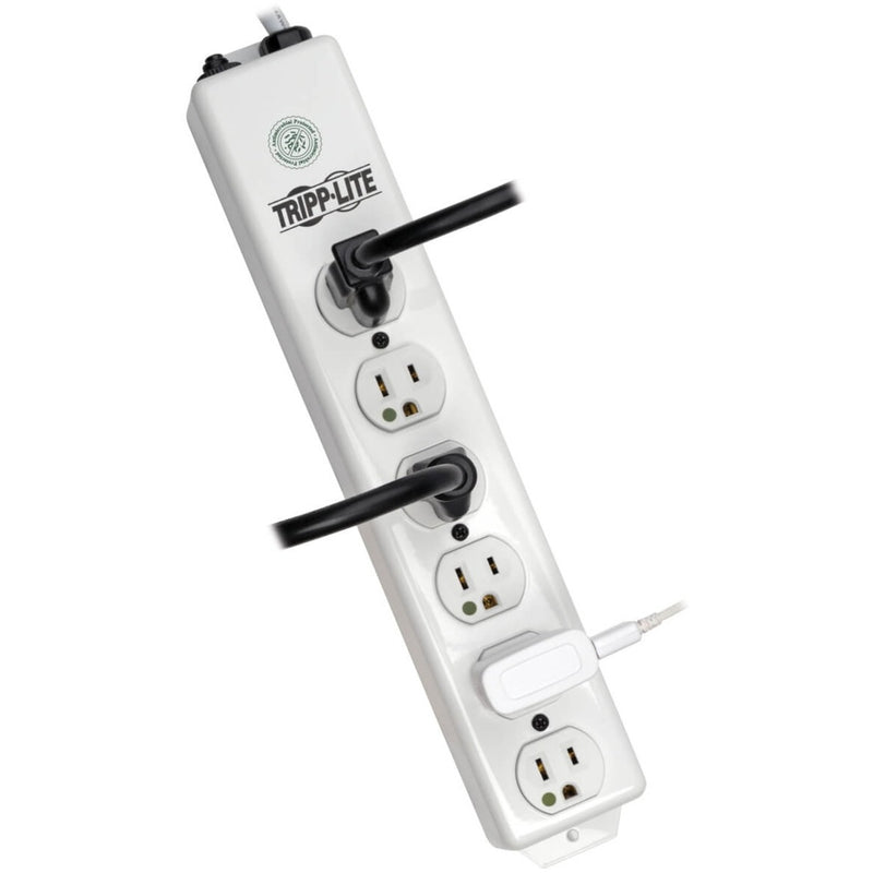 Tripp Lite medical power strip demonstrating cable management features with connected devices