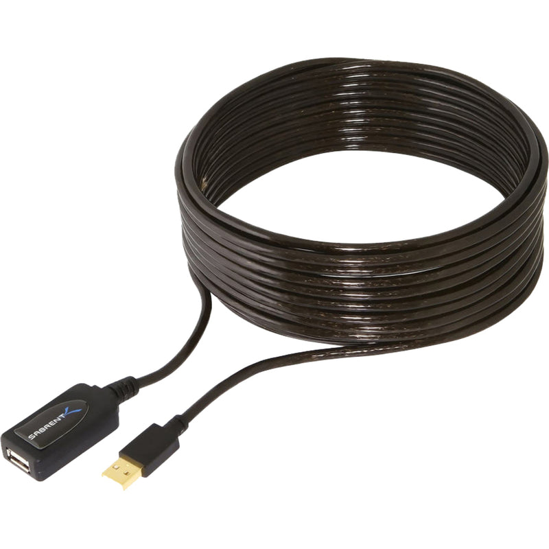 Sabrent 32-foot black USB extension cable coiled with male and female connectors visible