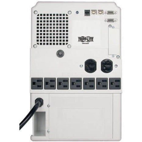 Rear view of Tripp Lite SMART2200VS UPS showing outlets, ports, and cooling system