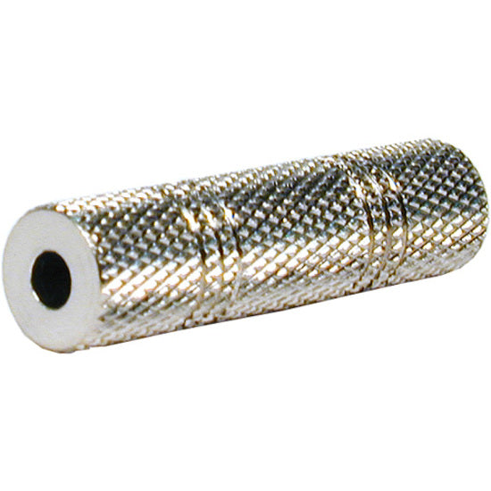 Silver metallic mini-phone audio adapter with diamond-pattern grip texture and female connectors on both ends