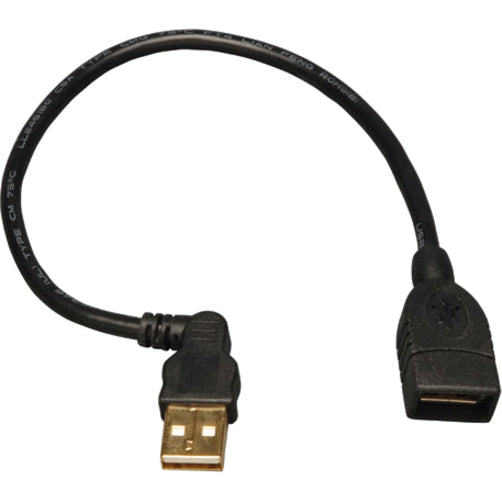 Black USB extension cable with 90-degree male connector and straight female end, featuring gold-plated connectors