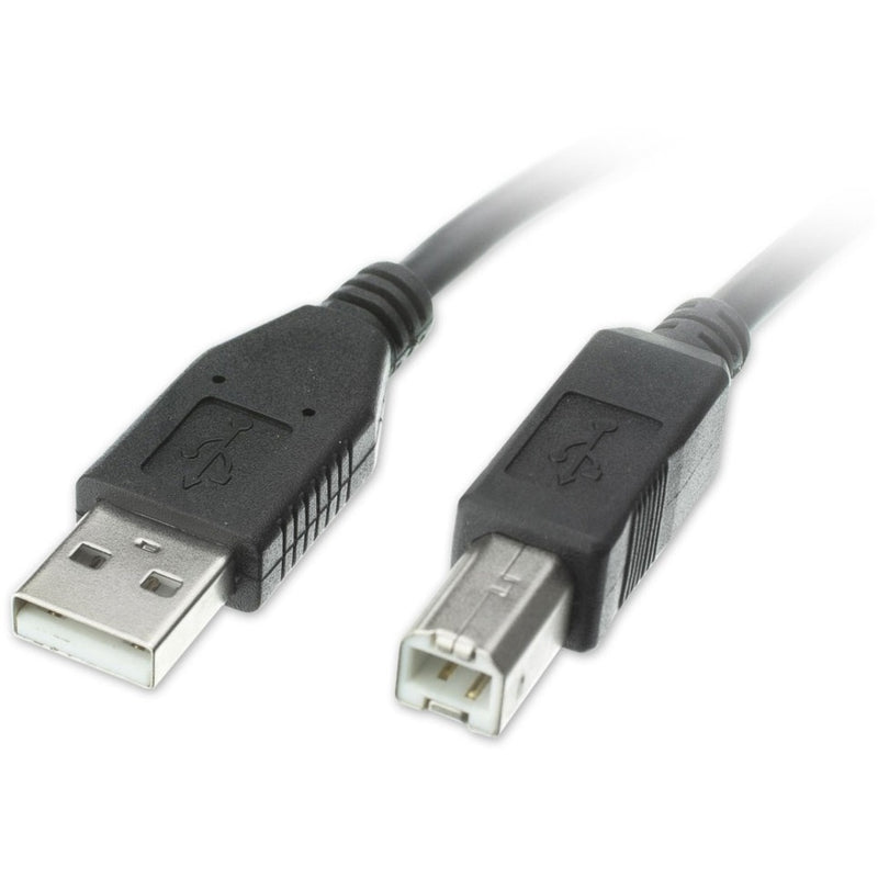 Close-up view of USB Type-A and Type-B connectors showing molded strain relief and nickel-plated contacts