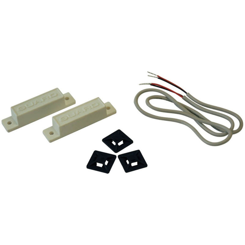 Tripp Lite SRSWITCH Magnetic Door Switch Kit components including two white magnetic sensors, mounting brackets, and connection cable