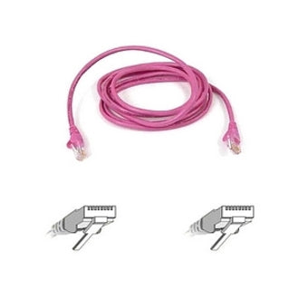 Pink Cat5e network patch cable with RJ45 connectors and connector diagram illustration