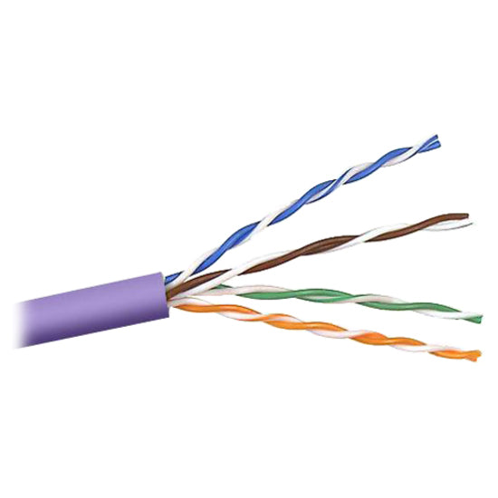 Close-up view of Belkin Cat5e cable showing purple jacket and exposed color-coded twisted wire pairs