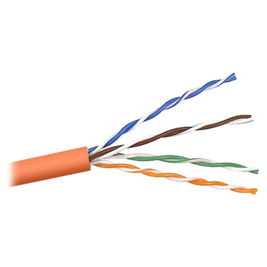 Close-up view of Belkin Cat5e cable showing orange outer jacket and exposed color-coded twisted wire pairs