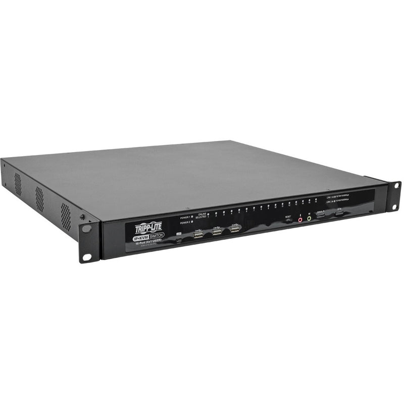 Angled front view of Tripp Lite NetDirector 16-port KVM switch showing LED indicators and USB ports