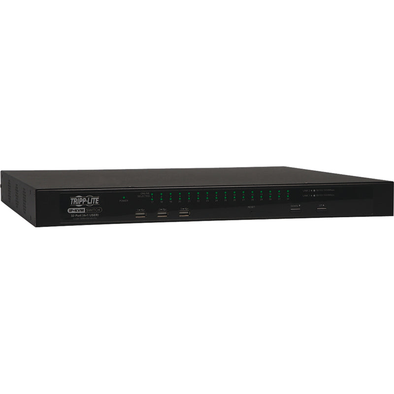 Side angle view of Tripp Lite NetDirector KVM switch emphasizing slim profile and LED indicators