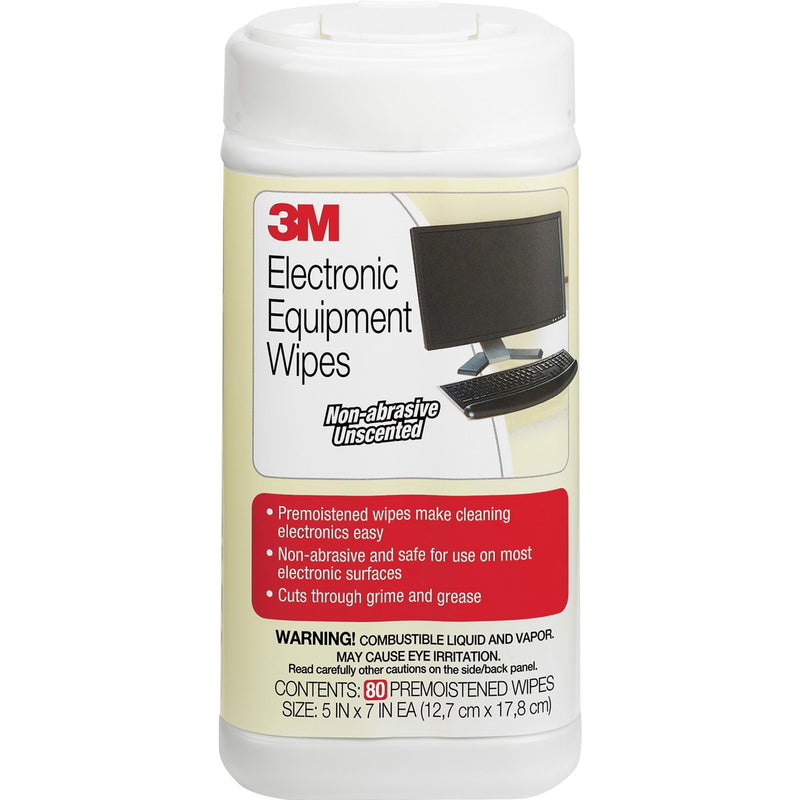 3M Electronic Equipment Wipes canister showing product label with cleaning instructions and specifications