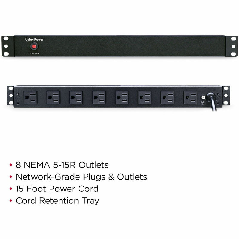 Full product view of CyberPower PDU showing front panel and outlet configuration with feature list