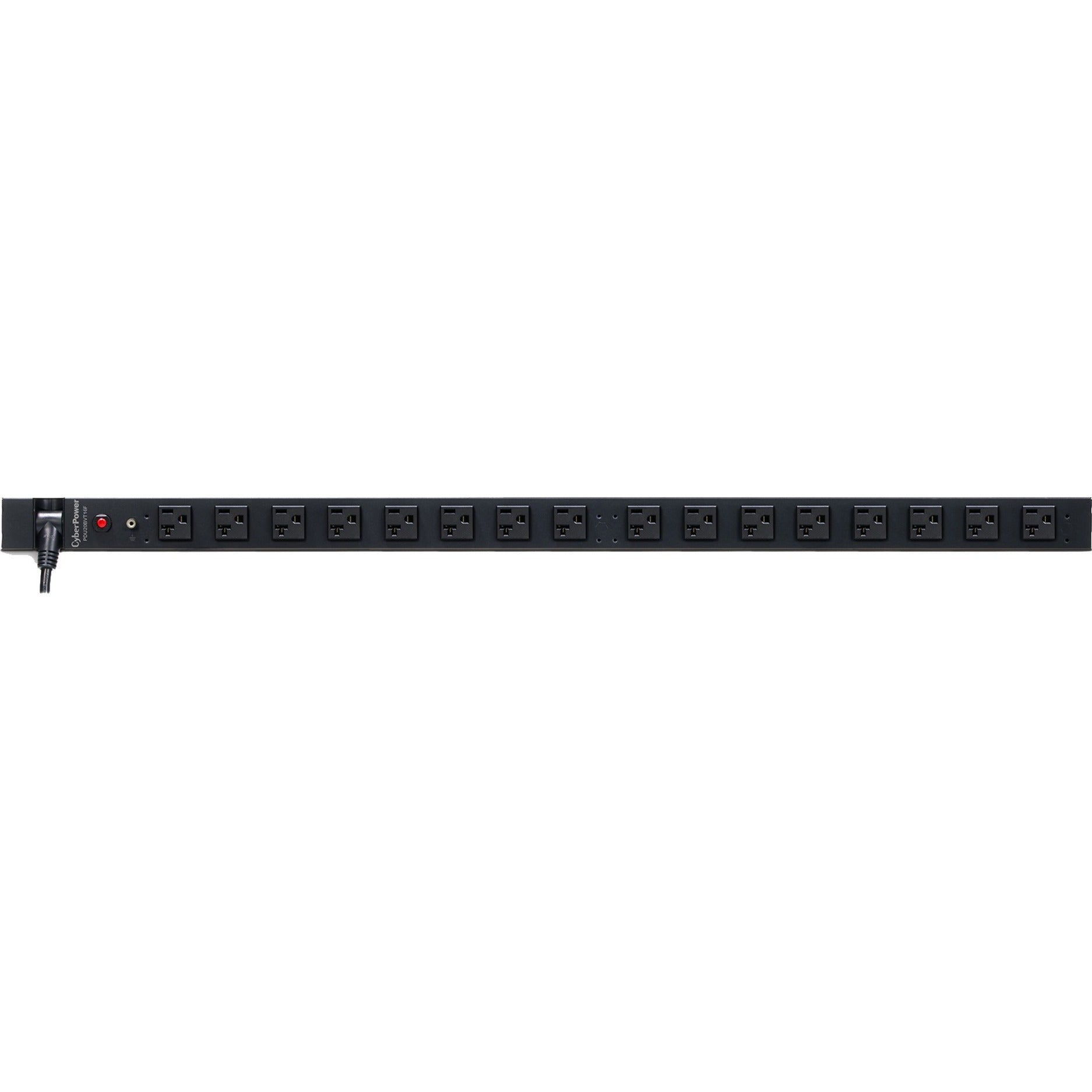 CyberPower PDU20BVT16F Basic PDU featuring 16 evenly spaced NEMA 5-20R outlets in a vertical configuration with integrated power cord-alternate-image1