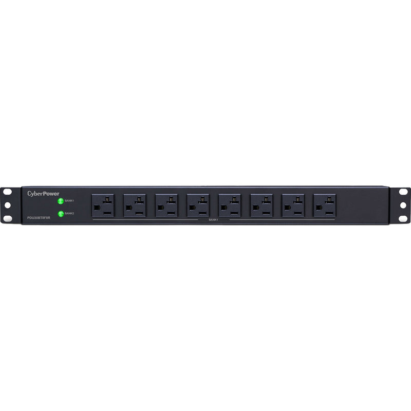 Front view of CyberPower PDU30BT8F8R showing 8 NEMA 5-20R outlets with status LEDs