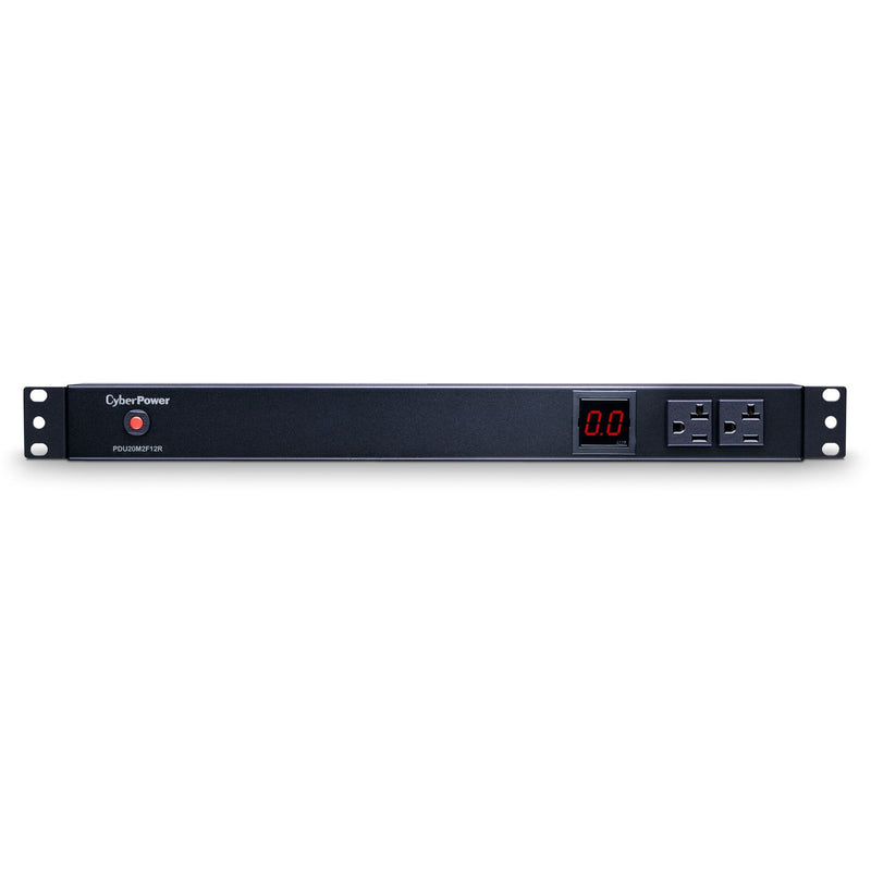 Front view of CyberPower PDU20M2F12R metered PDU showing digital display and front outlets