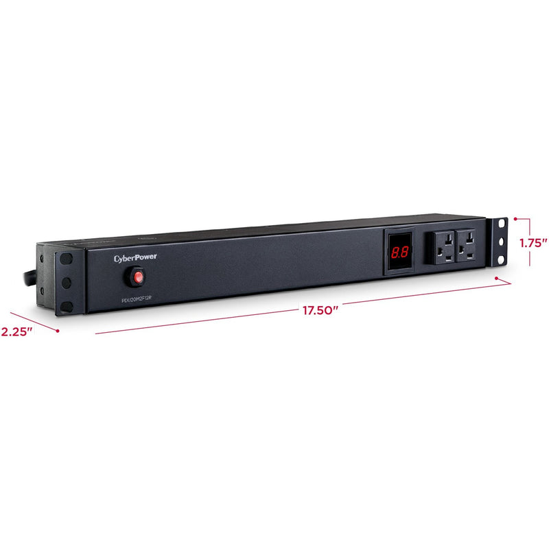 Dimensional specifications of CyberPower PDU showing compact 1U size